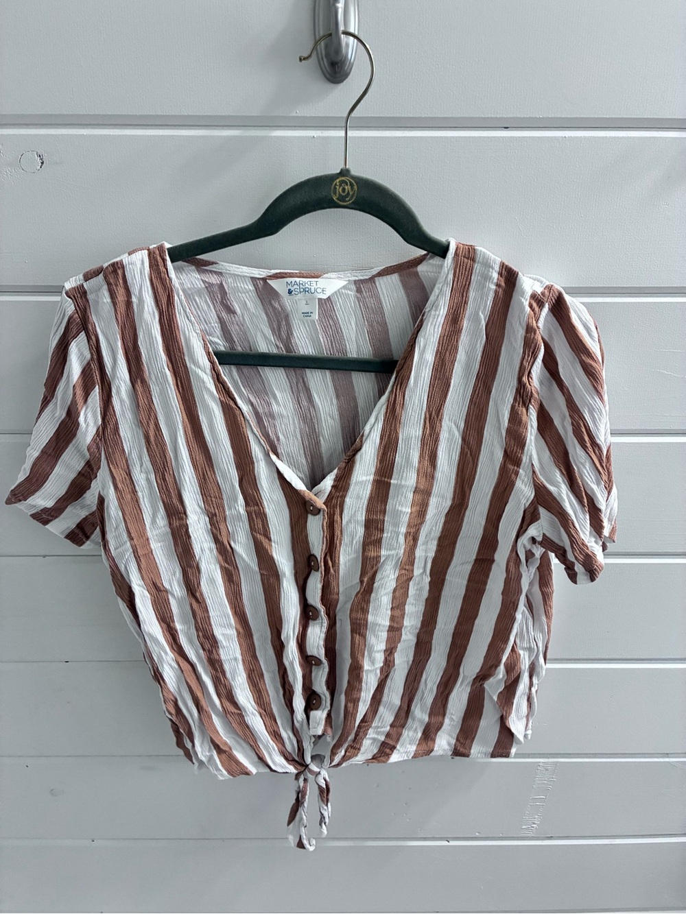 Market & Spruce White and Brown Striped Button-Tie Crop Top